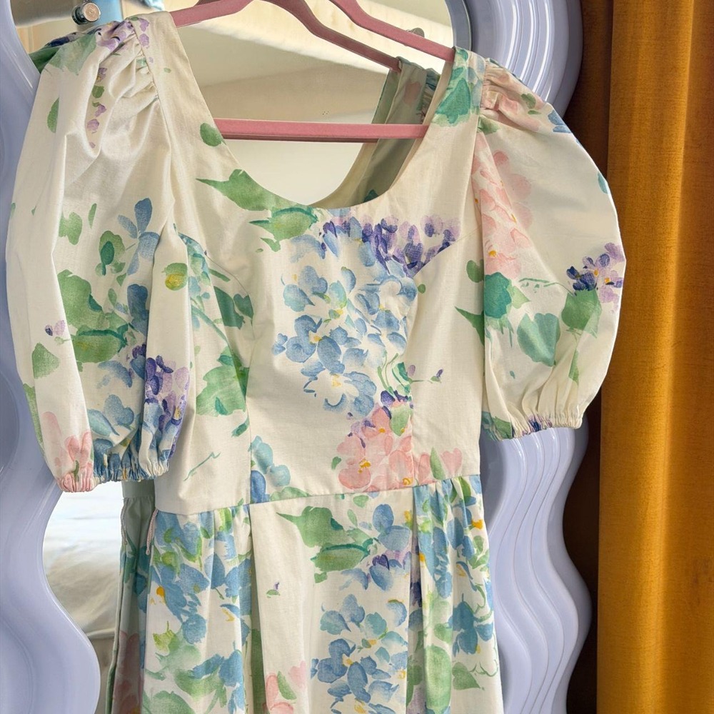 Blair Woolverton Vintage 80s Floral Puff Sleeve Cotton Midi Dress White Blue 8
